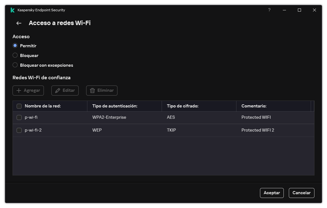 Una ventana con la lista de redes Wi-Fi. El usuario puede configurar el acceso a todas las redes Wi-Fi y agregar redes Wi-Fi de confianza.
