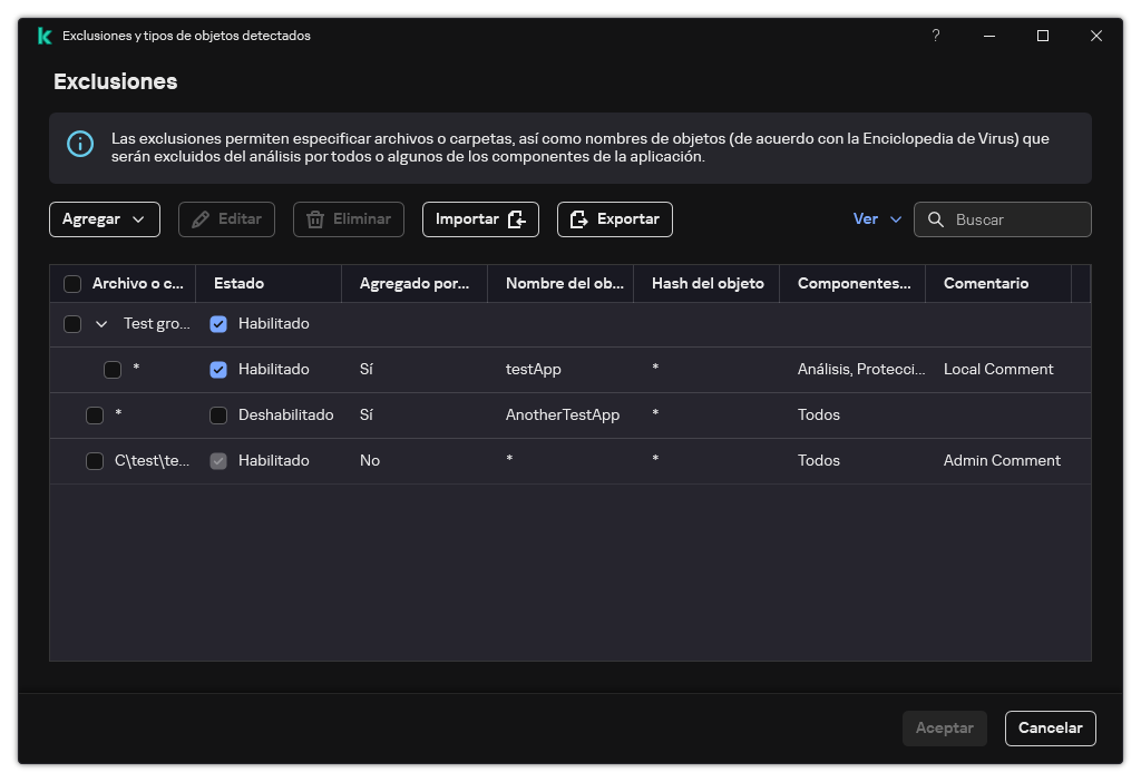 Una ventana con la lista de exclusiones. Se muestran las propiedades de exclusión. El usuario puede agregar, editar o eliminar exclusiones.