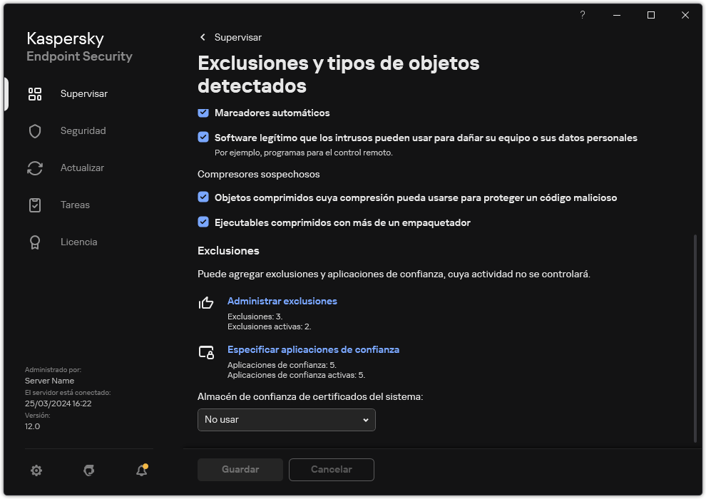 Ventana Configuración de exclusiones. El usuario puede agregar exclusiones y aplicaciones de confianza.