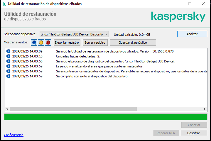 Una ventana con la lista de eventos de utilidad. El usuario puede ejecutar diagnósticos y descifrar el dispositivo seleccionado.