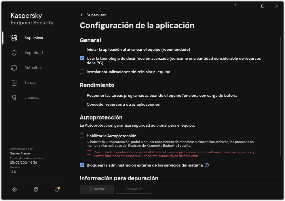 Ventana de Configuración de las aplicaciones. El usuario puede configurar el rendimiento, la autoprotección y otras opciones.
