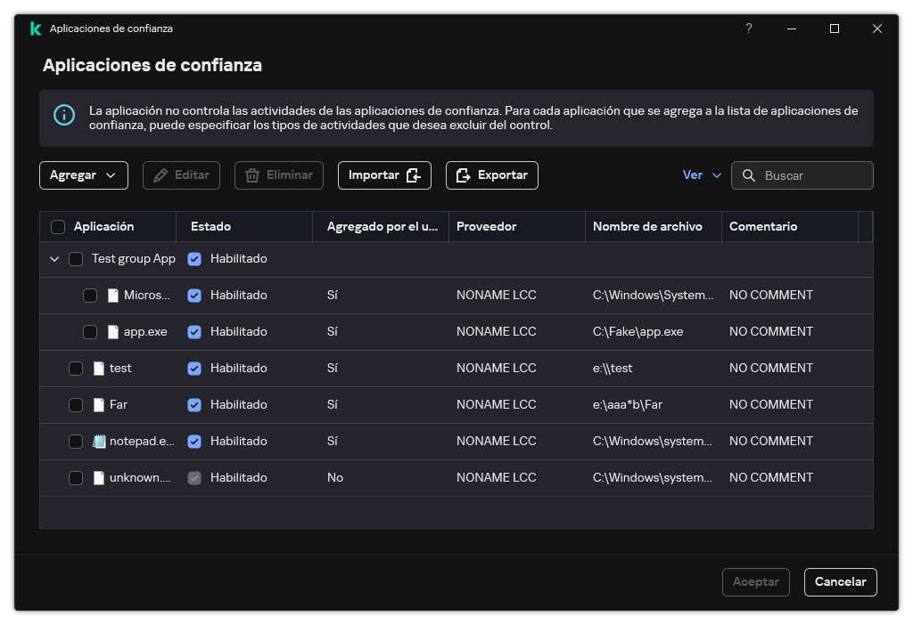 Una ventana con la lista de aplicaciones de confianza. El usuario puede agregar, editar o quitar una aplicación de confianza.