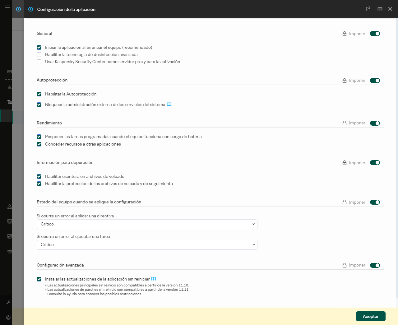 Ventana de Configuración de las aplicaciones. El usuario puede configurar el rendimiento, la autoprotección y otras opciones.