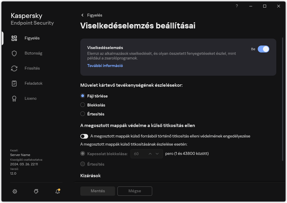 Viselkedésészlelés beállításainak ablaka.