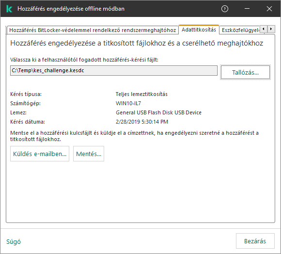 Az ablak tartalmaz egy mezőt a hozzáférés-kérési fájl kiválasztásához. A felhasználó a létrehozott hozzáférési kulcsfájlt lemezre mentheti, vagy e-mailben elküldheti.
