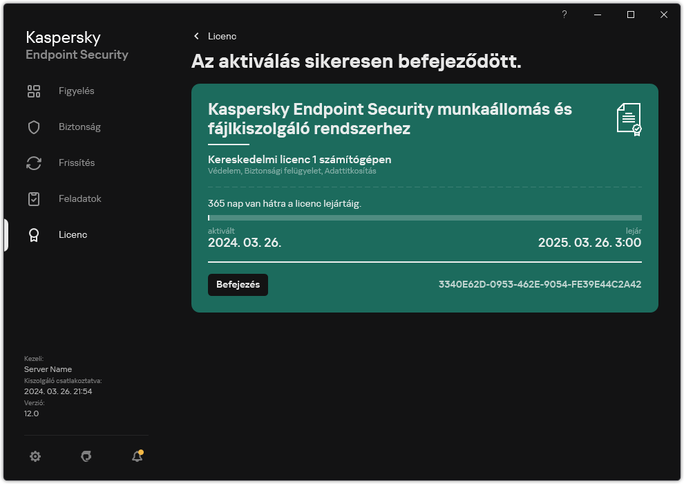 Az ablak a licencre vonatkozó információkat tartalmazza: lejárat dátuma, elérhető funkciók és egyéb információk.