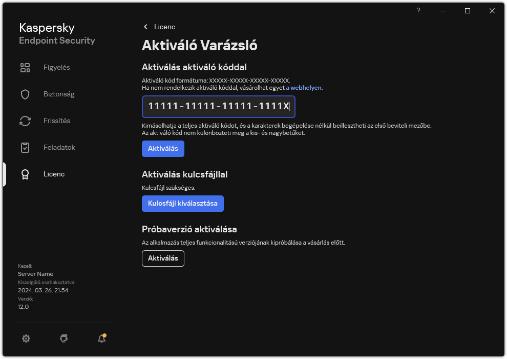 Ablak az alkalmazás aktiválására szolgáló eszközökkel. A felhasználó megadhat egy aktiváló kódot, vagy kiválaszthat egy kulcsfájlt.