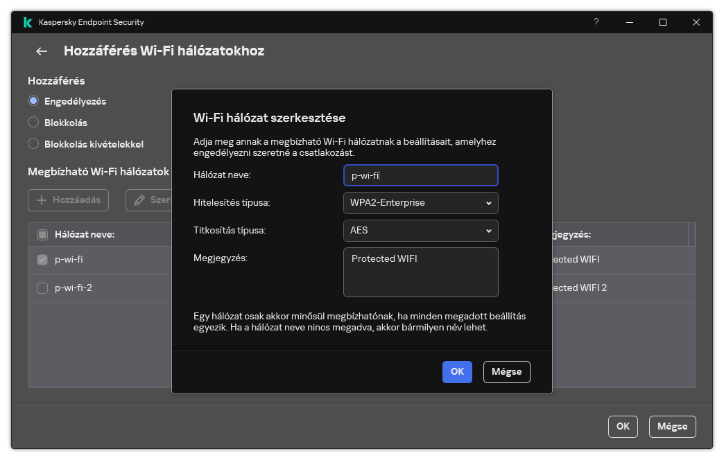 Az ablak a megbízható Wi-Fi hálózat beállításait tartalmazza.