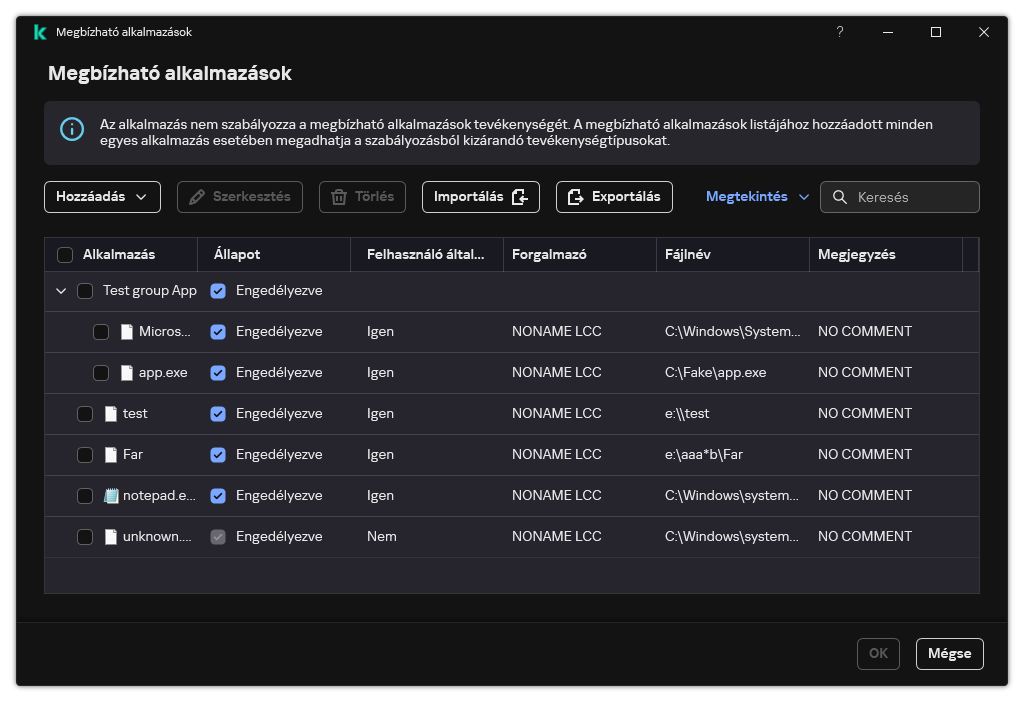 Egy ablak a megbízható alkalmazások listájával. A felhasználó hozzáadhat, szerkeszthet vagy eltávolíthat megbízható alkalmazásokat.