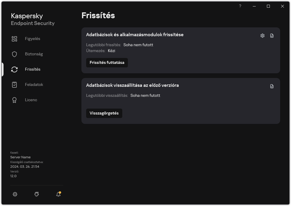 Egy ablak a helyi frissítési feladatok listájával. A felhasználó elindíthatja az adatbázisok és alkalmazásmodulok frissítését, valamint visszaállíthatja az utolsó frissítést.