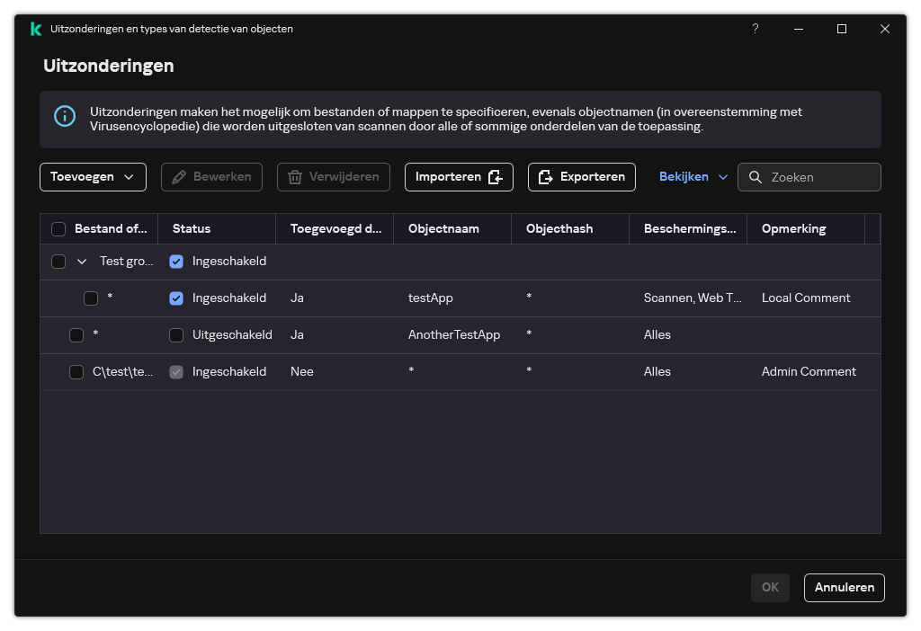 Een venster met de lijst met uitzonderingen. Uitzonderingseigenschappen worden weergegeven. De gebruiker kan uitzonderingen toevoegen, bewerken of verwijderen.