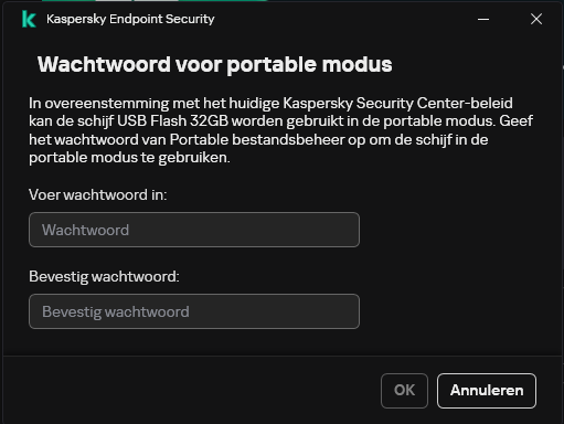 Het venster bevat velden voor het invoeren en bevestigen van het wachtwoord.