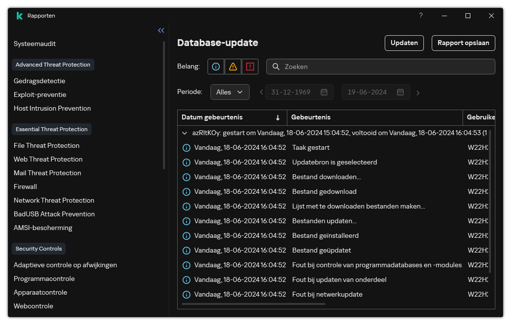 Een venster met de lijst van evenementen in het rapport. De gebruiker kan gebeurtenissen filteren/sorteren en rapporten opslaan in een bestand.