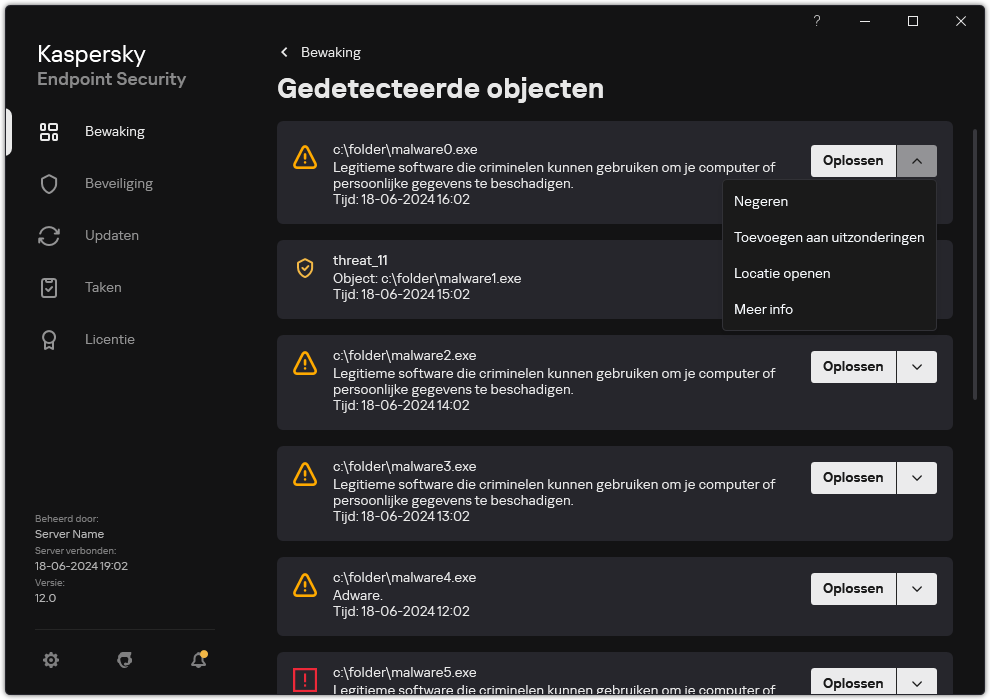 Een venster met de lijst met gedetecteerde objecten. Er wordt informatie over het object weergegeven. De gebruiker kan het object oplossen of verwijderen.