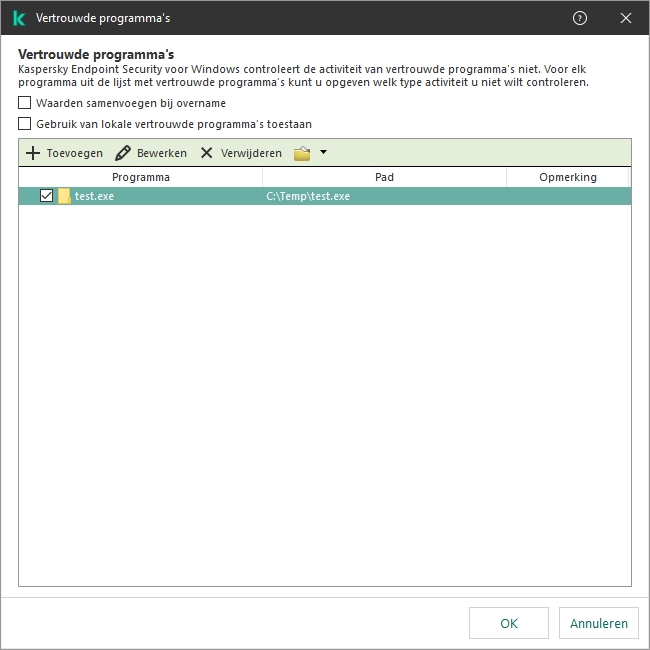 Een venster met de lijst met vertrouwde programma's. De gebruiker kan een vertrouwd programma toevoegen, bewerken of verwijderen.