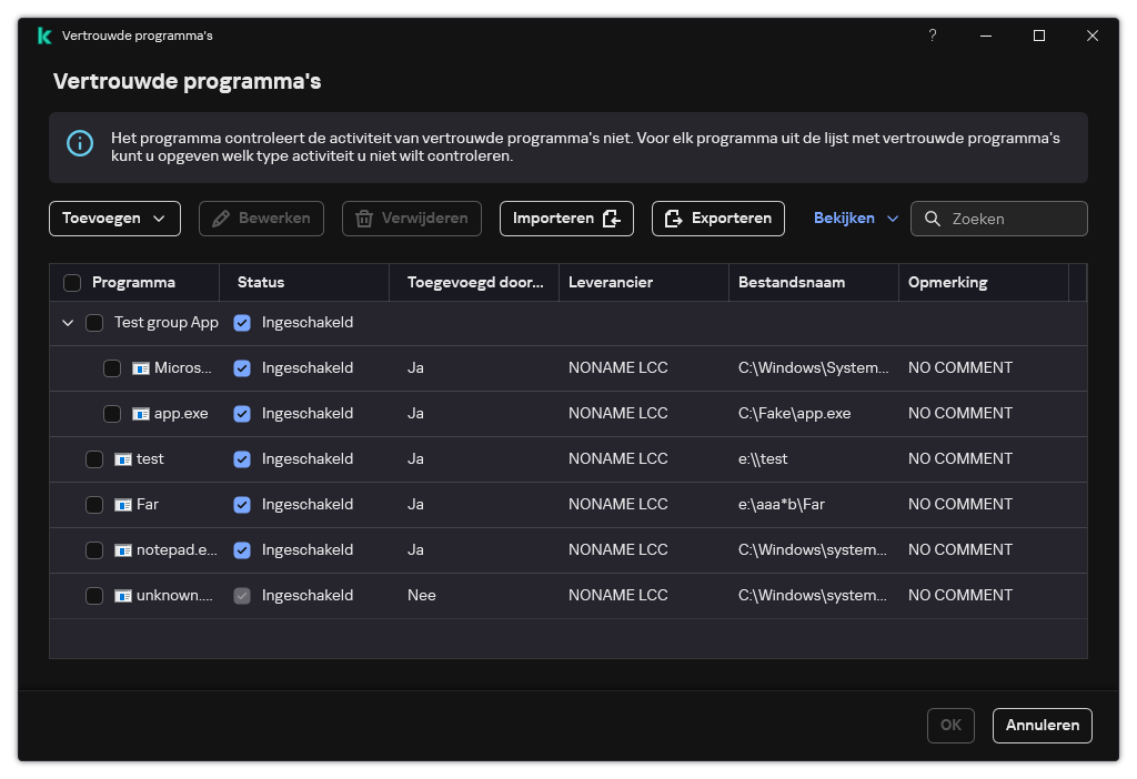 Een venster met de lijst met vertrouwde programma's. De gebruiker kan een vertrouwd programma toevoegen, bewerken of verwijderen.
