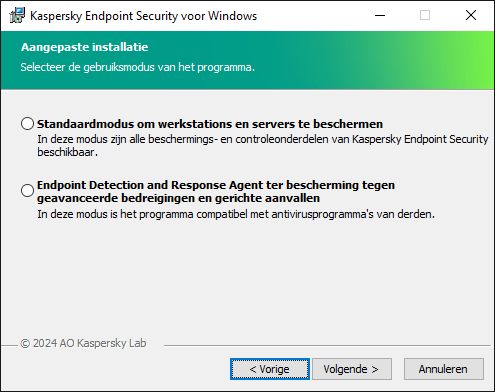 Installatievenster met configuratie van het programma: volledige functionaliteit of Endpoint Detection and Response Agent.