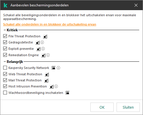 Scherm voor het inschakelen van aanbevolen beschermingsonderdelen. U kunt alle beschermingsonderdelen inschakelen en voorkomen dat ze uitgeschakeld worden.