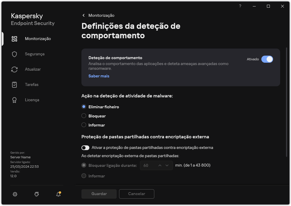 Janela de definições de Deteção de comportamento.