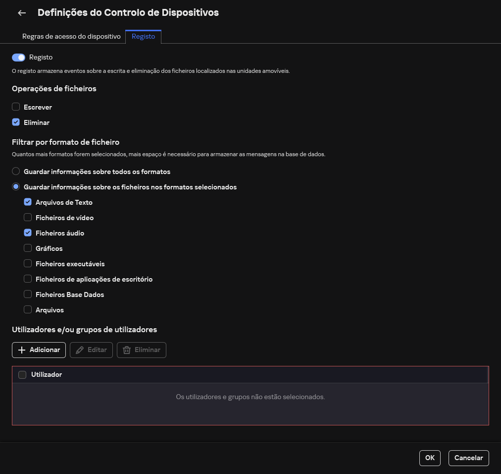 A janela para configurar o registo de eventos sobre o uso de unidades amovíveis. O utilizador pode selecionar os eventos a serem registados.