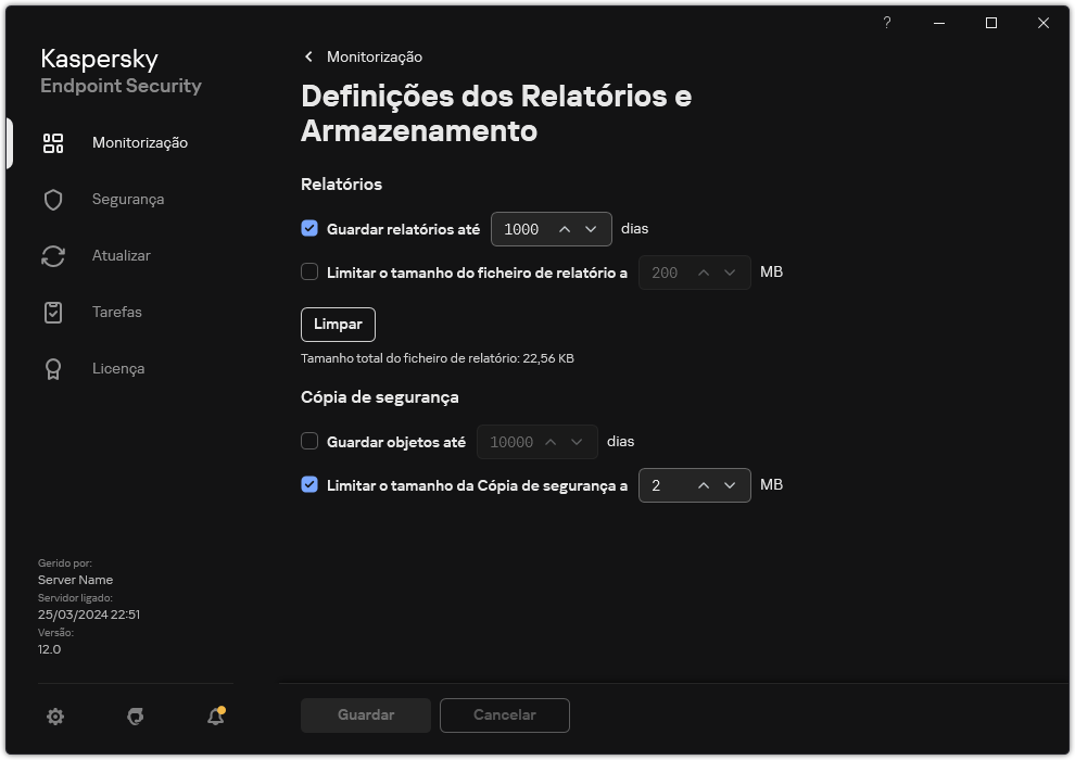 Janela de definições de Relatórios e Armazenamento. O utilizador pode definir o tamanho e limitar o tempo de armazenamento de relatórios e objetos no repositório.