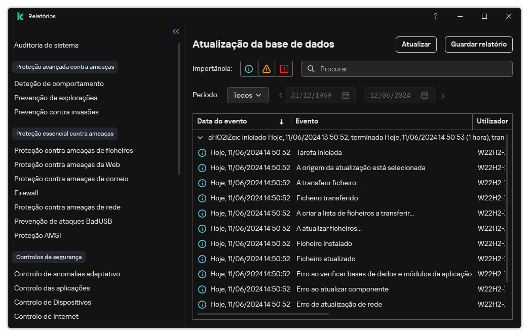 Uma janela com a lista de eventos no relatório. O utilizador pode filtrar/ordenar eventos e guardar relatórios num ficheiro.