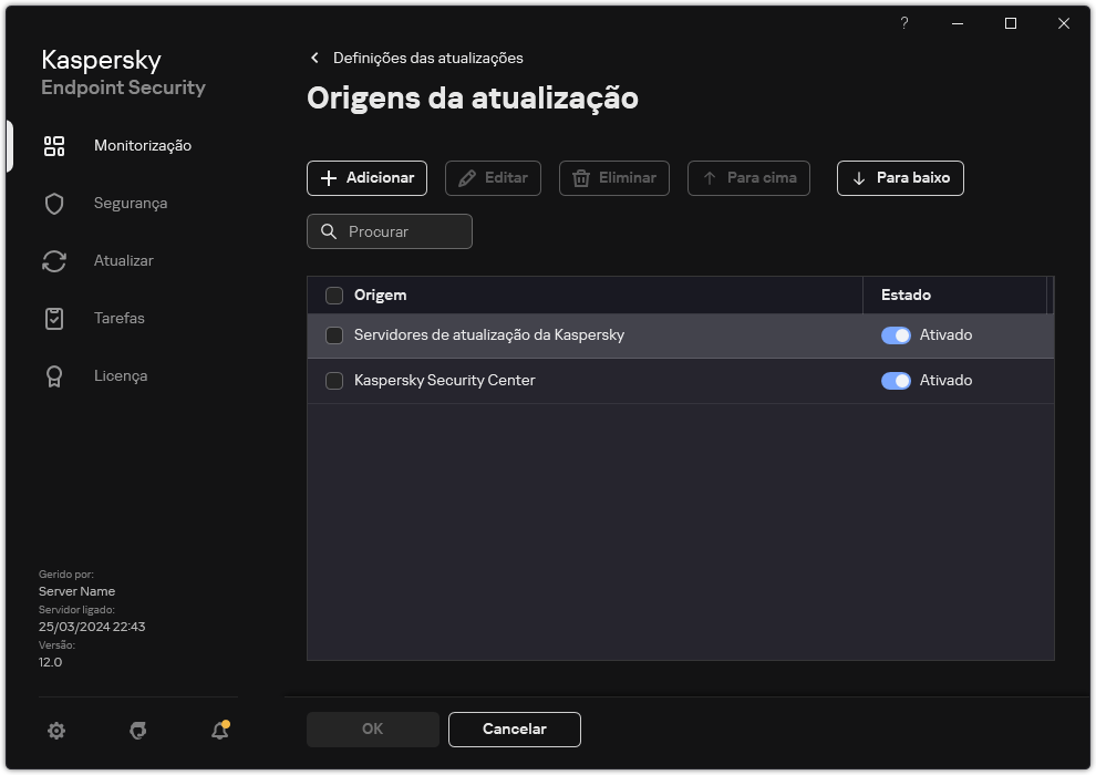 Uma janela com a lista das origens de atualização. O utilizador pode adicionar origens de atualização e atribuir uma prioridade à origem.