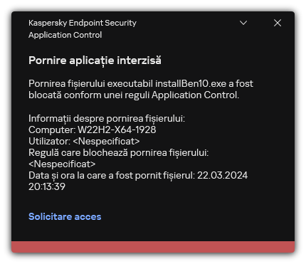 Notificare despre pornirea aplicației blocate. Utilizatorul poate crea o solicitare de lansare a aplicației.