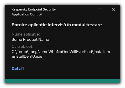 Notificare că pornirea aplicației este interzisă în modul de testare. Utilizatorul poate vizualiza informații detaliate despre regulă.