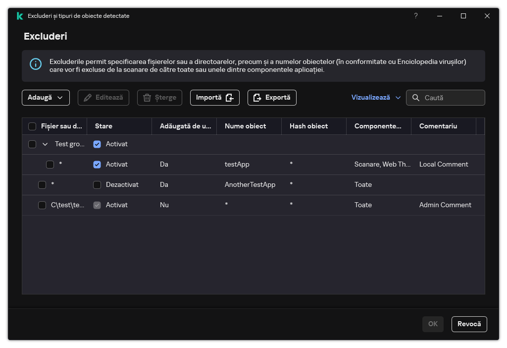 O fereastră cu lista de excluderi. Sunt afișate proprietățile excluderii. Utilizatorul poate adăuga, edita sau șterge excluderi.