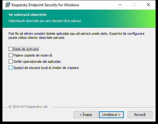 Fereastra de instalare cu o listă de obiecte care pot fi salvate după eliminarea aplicației.