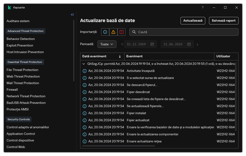O fereastră cu lista de evenimente din raport. Utilizatorul poate filtra/sorta evenimente și poate salva rapoarte într-un fișier.