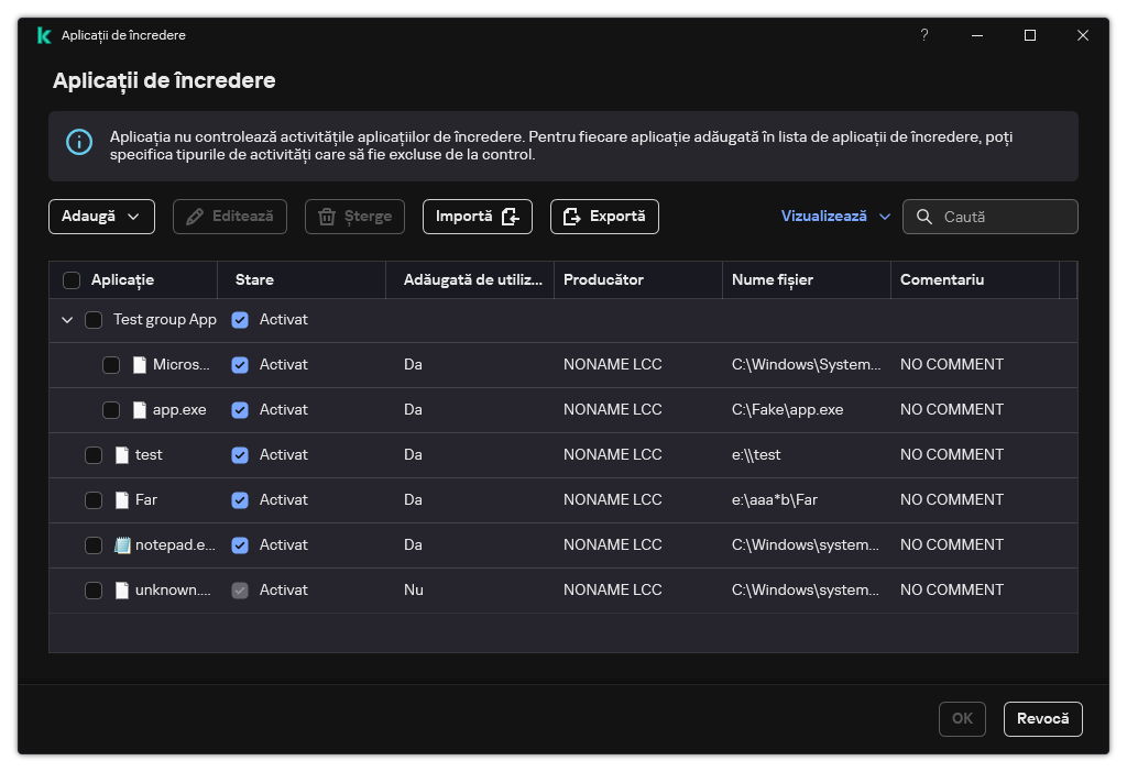 O fereastră cu lista aplicațiilor de încredere. Utilizatorul poate adăuga, edita sau elimina o aplicație de încredere.