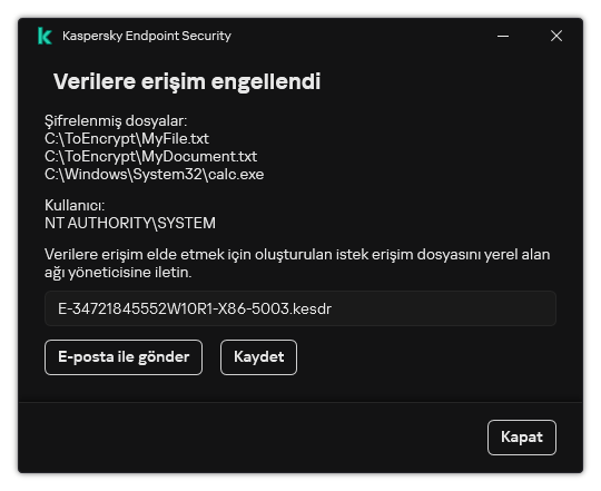 Şifrelenmiş verilere erişmek için istek dosyası içeren bir pencere. Kullanıcı, oluşturulan dosyayı diske kaydedebilir veya e-posta ile gönderebilir.