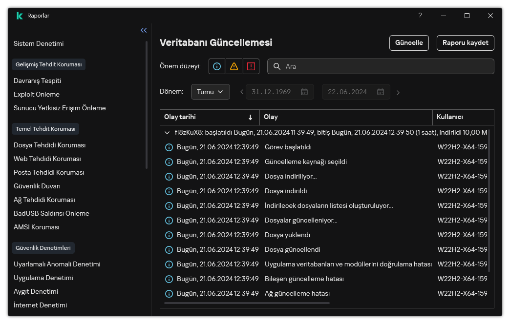 Rapordaki olayların listesini içeren bir pencere. Kullanıcı olayları filtreleyebilir/sıralayabilir ve raporları bir dosyaya kaydedebilir.