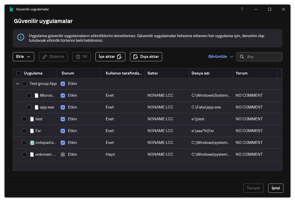 Güvenilir uygulamaların listesini içeren bir pencere. Kullanıcı, güvenilir bir uygulamayı ekleyebilir, düzenleyebilir veya kaldırabilir.