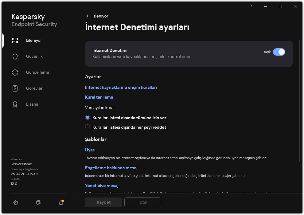 İnternet Denetimi ayarları penceresi.