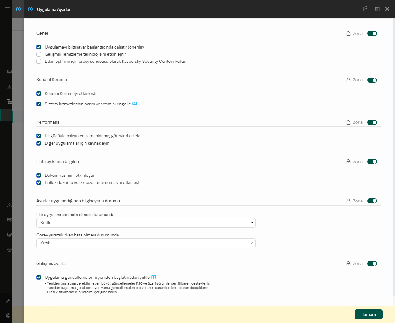Uygulama ayarları penceresi. Kullanıcı performans, kendini savunma ve diğer ayarları yapılandırabilir.