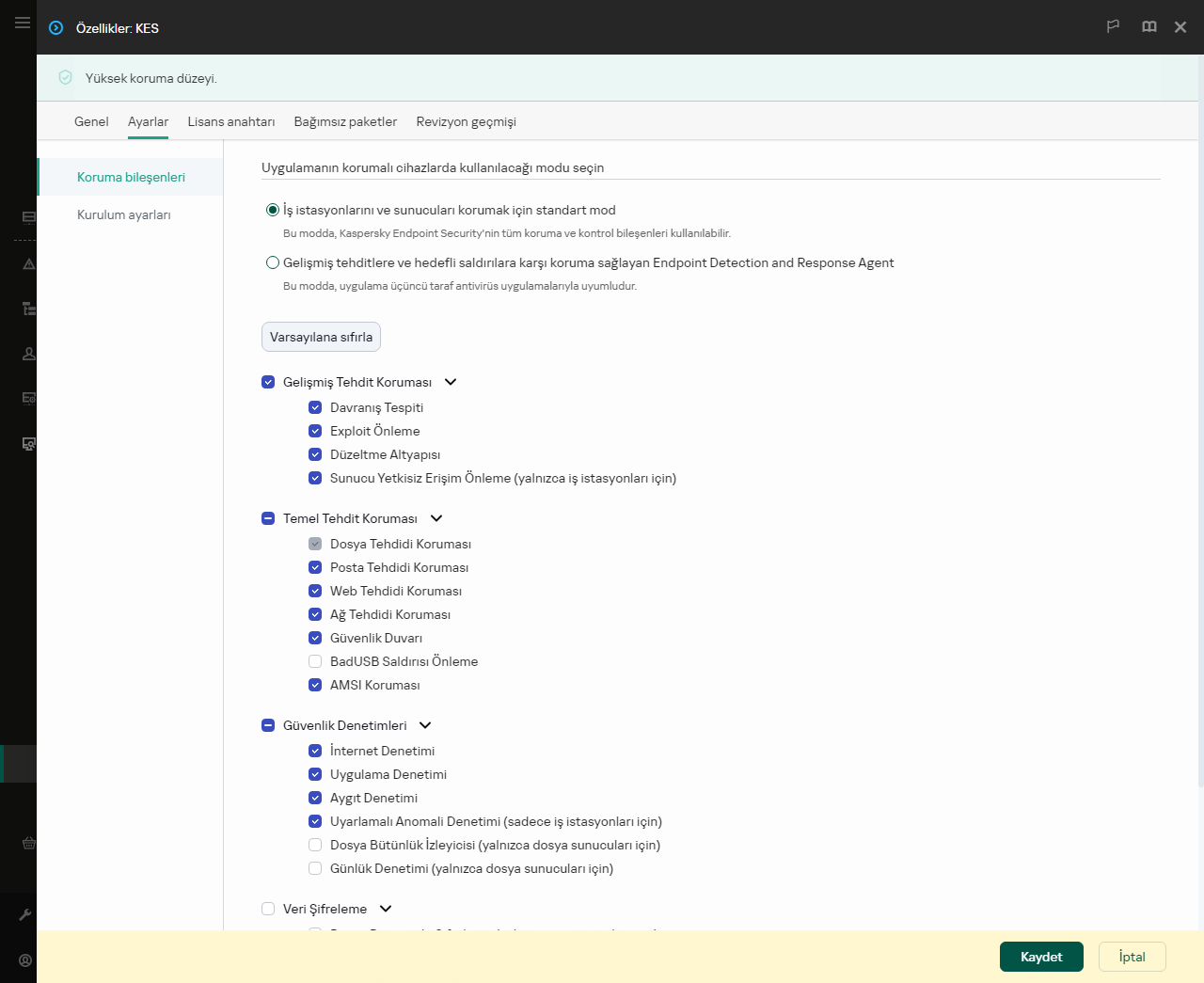 Kurulum paketi özellikleri penceresi. Hangi uygulama bileşenlerini dahil etmek istediğinizi seçebilirsiniz.