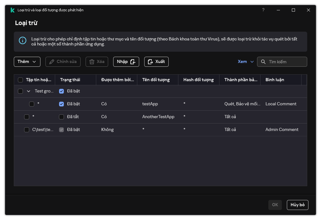 Một cửa sổ chứa danh sách loại trừ. Thuộc tính của loại trừ được hiển thị. Người dùng có thể thêm, chỉnh sửa hoặc xóa các loại trừ.