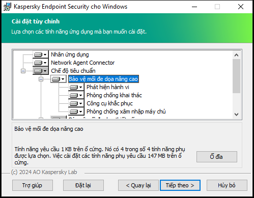 Cửa sổ bộ cài đặt chứa danh sách các thành phần mà người dùng có thể chọn.