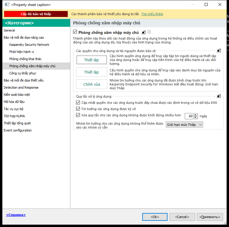Cửa sổ thiết lập Phòng chống xâm nhập.