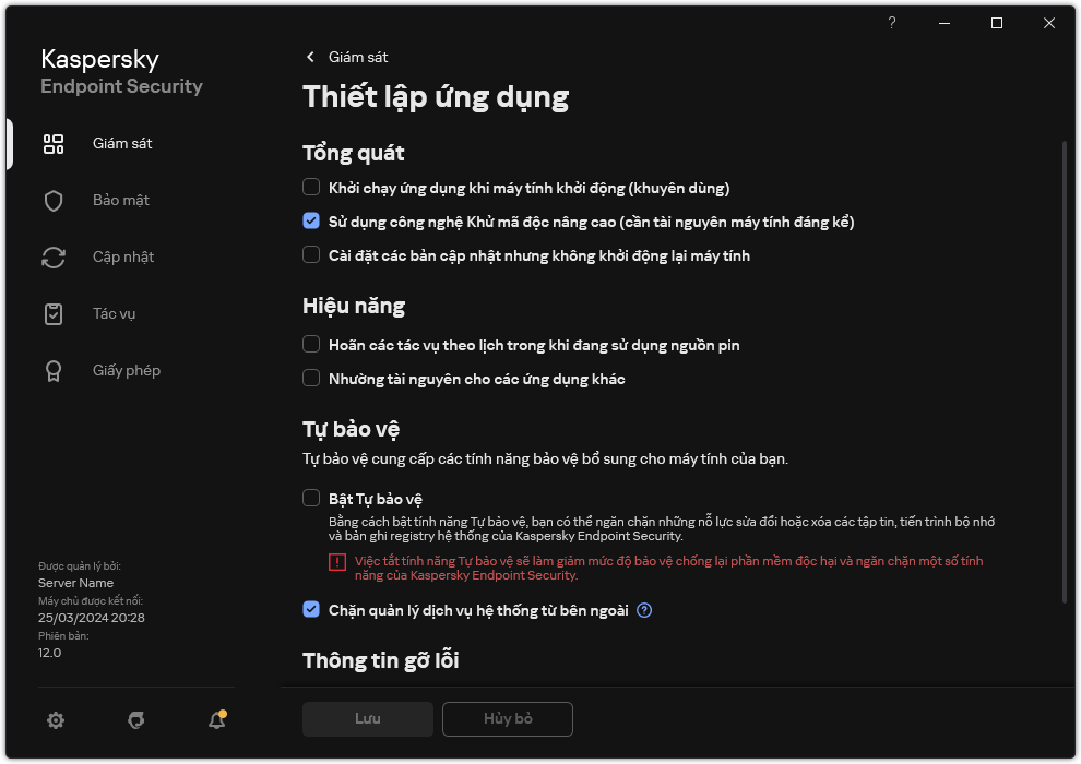 Cửa sổ thiết lập ứng dụng. Người dùng có thể cấu hình hiệu năng, tự bảo vệ và các thiết lập khác.