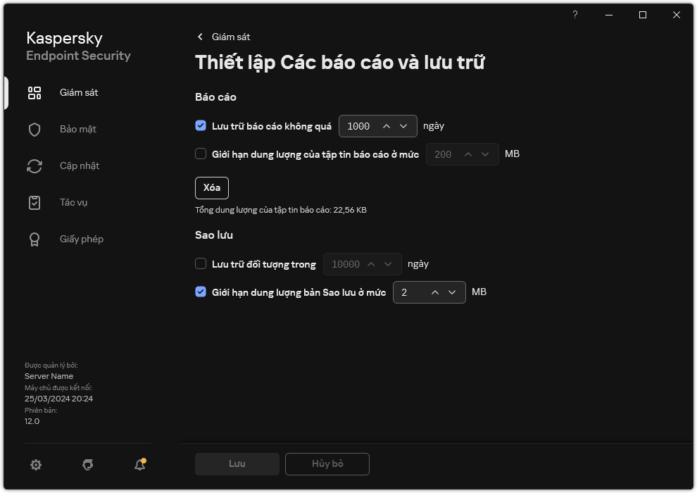 Cửa sổ thiết lập Các báo cáo và lưu trữ. Người dùng có thể thiết lập kích thước và giới hạn thời gian lưu trữ các báo cáo, đối tượng trong kho.
