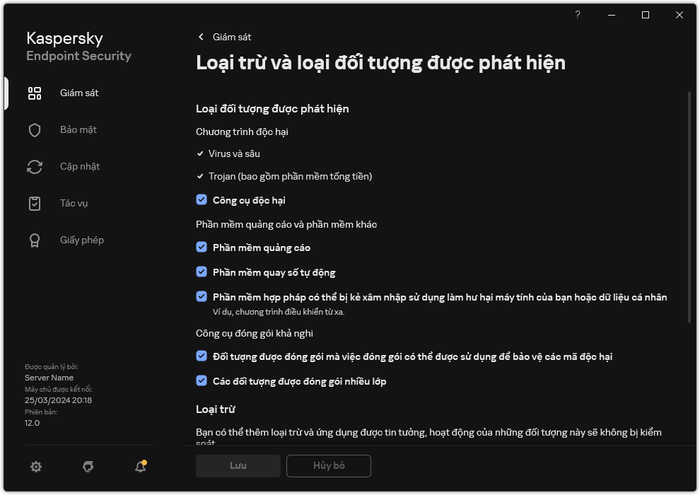 Cửa sổ thiết lập loại trừ. Người dùng có thể chọn loại đối tượng được phát hiện và thêm đối tượng vào mục loại trừ.