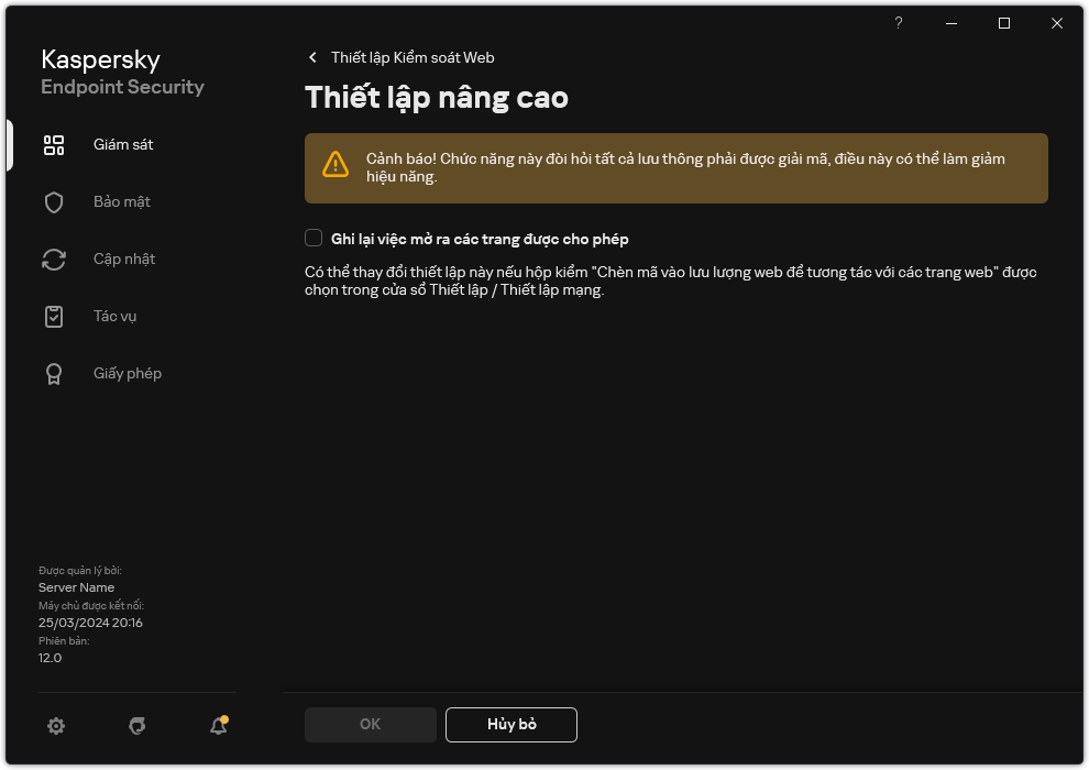 Cửa sổ thiết lập nâng cao của Kiểm soát web.