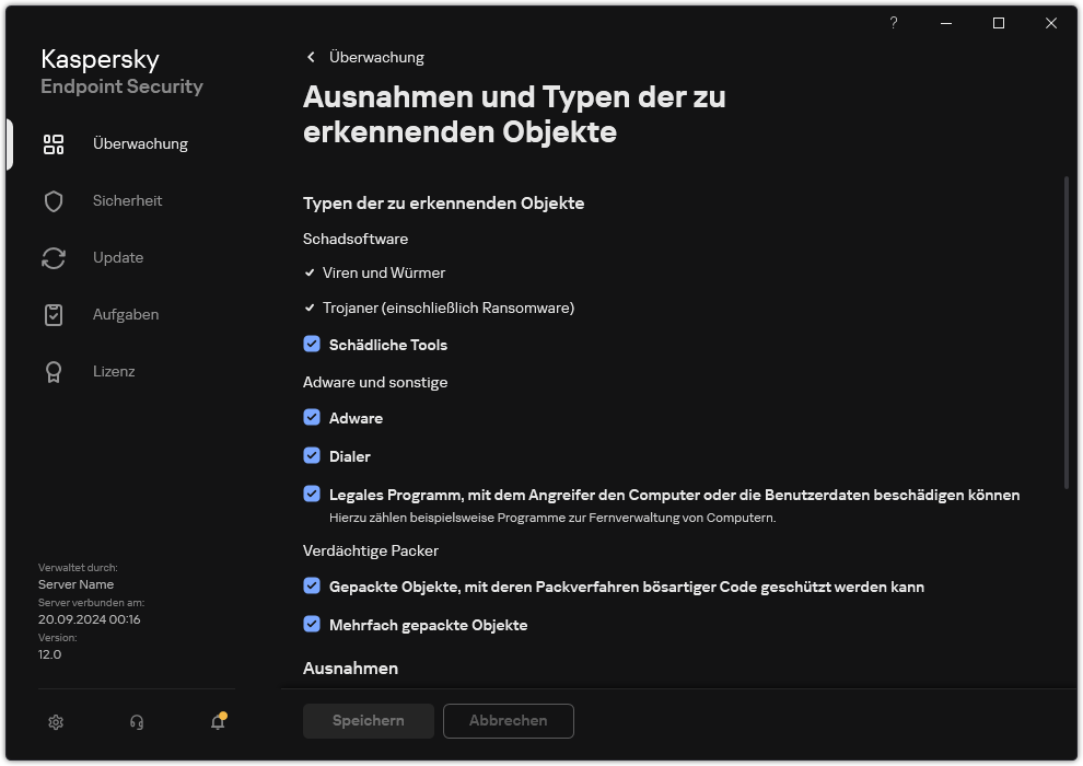 Fenster mit Einstellungen für Ausnahmen. Der Benutzer kann die Typen der zu erkennenden Objekte auswählen und Objekte zu den Ausnahmen hinzufügen.
