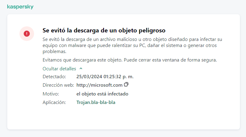 Notificación de Kaspersky sobre cómo evitar que se carguen objetos maliciosos en la ventana del navegador.