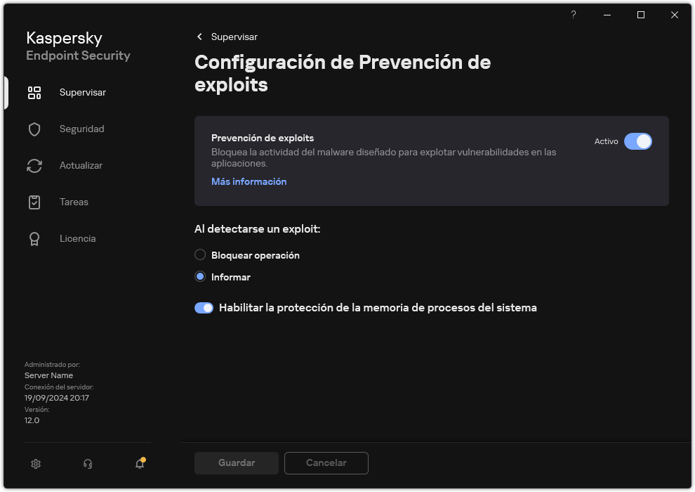 Ventana de configuración de Prevención de exploits