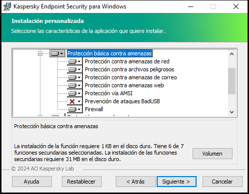 Ventana del instalador que contiene una lista de componentes que un usuario puede seleccionar.